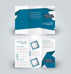 Tri fold brochure design. Creative business flyer template. Editable vector illustration. Blue color.
