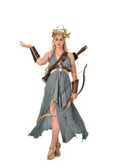 full length portrait of pretty blonde lady wearing fantasy toga gown,  and holding a bow and arrow. standing pose on white background.