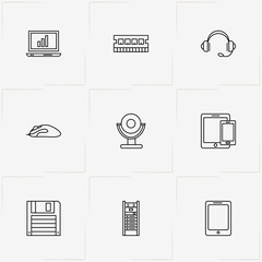 Computer line icon set with computer case box , headphone and floppy disk