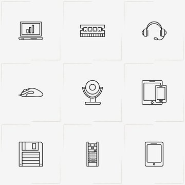 Computer line icon set with computer case box , headphone and floppy disk