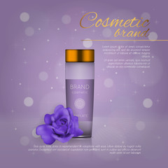 Vector 3D cosmetic illustration with rose and bokeh background. Beauty realistic cosmetic product design template.