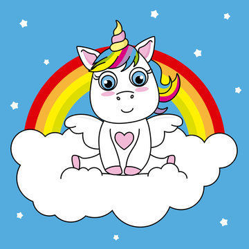 unicorn sitting on a cloud with rainbow background
