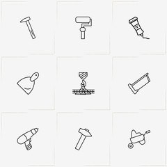 Construction line icon set with construction trolley, hammer and saw - 206180355