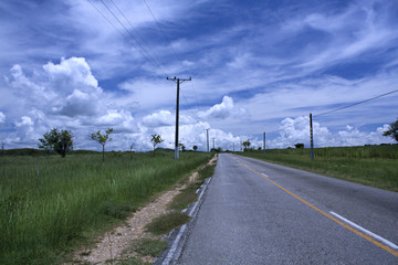 Fototapeta na wymiar Road and electricity poles in Trinidad outskirts