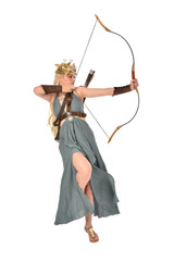 full length portrait of pretty blonde lady wearing fantasy toga gown,  and holding a bow and arrow. standing pose on white background. © faestock