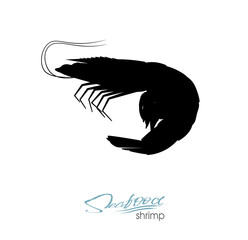 Silhouette shrimp. Linear silhouette shrimp. Shrimps badge for design seafood packaging and market, food packaging or underwater sea animal themed design. Vector illustration.