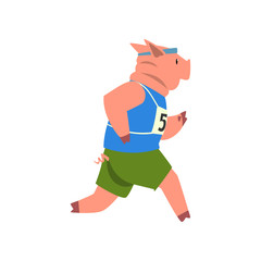 Pig in sport uniform running, funny sportive wild animal character doing sports vector Illustration on a white background