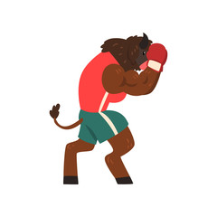 Bull in sport uniform boxing with gloves, funny sportive wild animal character doing sports vector Illustration on a white background