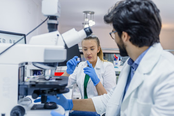 Young chemists working on scientific research in a laboratory.