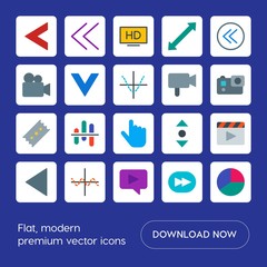 Modern Simple Set of arrows, charts, video, cursors Vector flat Icons. Contains such Icons as  left,  film,  technology, hd,  internet,  pie and more on blue background. Fully Editable. Pixel Perfect