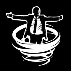 man in a business suit standing in a tornado