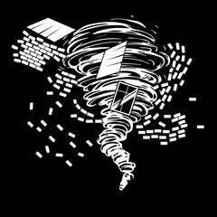 Black-and-white drawing of a tornado that destroys a brick building