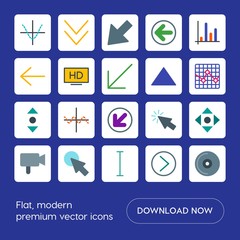 Modern Simple Set of arrows, charts, video, cursors Vector flat Icons. Contains such Icons as parabola,  bar, movie,  arrow,  right, disc, hd and more on blue background. Fully Editable. Pixel Perfect