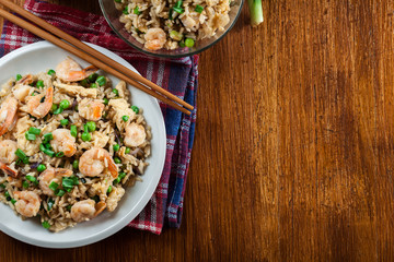 Fried rice with shrimp and vegetables served on a plate
