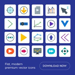 Modern Simple Set of arrows, charts, video, cursors Vector flat Icons. Contains such Icons as up,  office,  home,  technology, left,  arrow and more on blue background. Fully Editable. Pixel Perfect