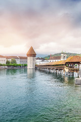 View of the old wooden bridge Capelbrucke in Lucerne.