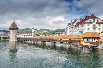 View of the old wooden bridge Capelbrucke in Lucerne.