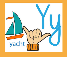Creative English alphabet. ABC concept. Sign language and alphabet. Cartoon letter Y. 