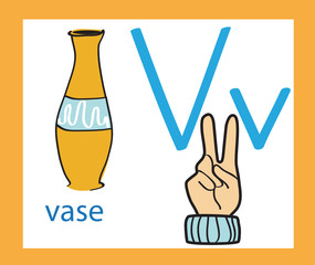 Creative English alphabet. ABC concept. Sign language and alphabet. Cartoon letter V. 