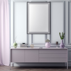 Mock up poster frame in interior background and classic wall, 3D illustration