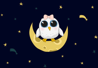 Cute white baby owl is sitting on the moon. Night background with stars.