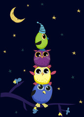 Fototapeta premium Cute green, violet, yellow and blue owls are sitting on the branch at night. Night sky with stars and moon. Hand drawn doodle style