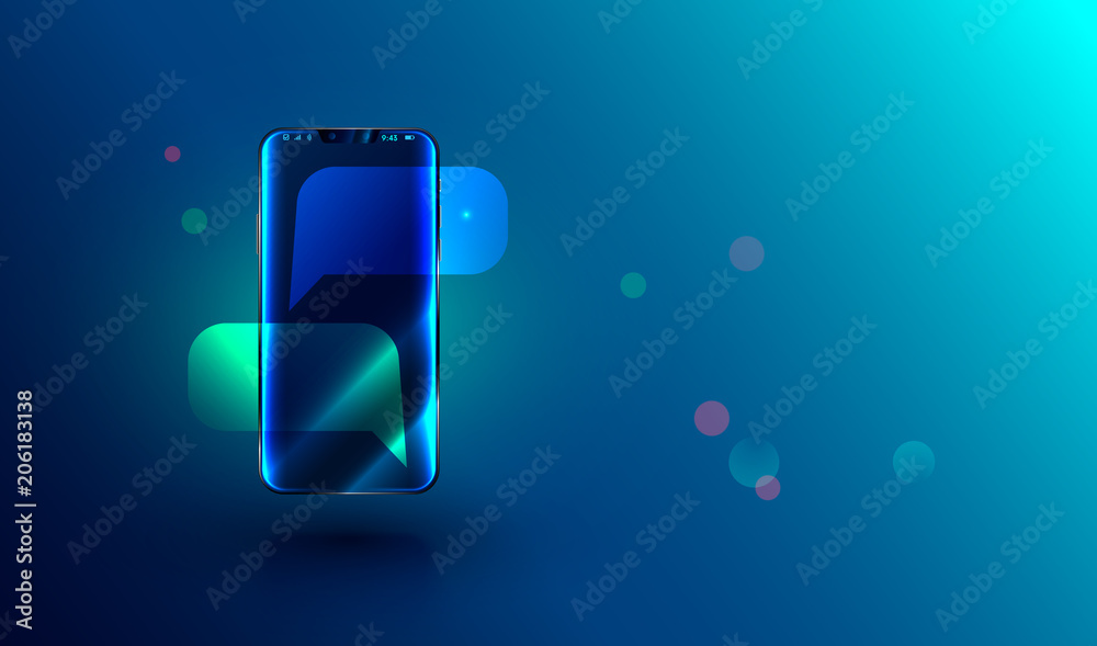 Poster modern frameless smartphone with empty chat bubbles on screen. message or sms on mobile phone. realistic vector illustration.