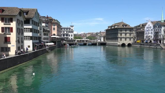 ZURICH, SWITZERLAND - JULY 04, 2017: View of historic Zurich city center, Limmat river and Zurich lake, Switzerland. Zurich is a leading global city and among the world's largest financial center.