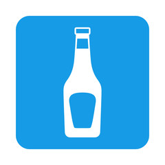 Icono plano botella de ketchup de cristal en cuadrado azul
