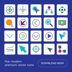 Modern Simple Set of arrows, charts, video, cursors Vector flat Icons. Contains such Icons as  internet, target,  diagram,  web, left,  media and more on blue background. Fully Editable. Pixel Perfect