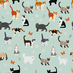 Vector seamless pattern with cats and flowers