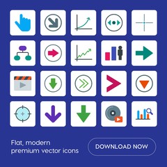 Modern Simple Set of arrows, charts, video, cursors Vector flat Icons. Contains such Icons as  arrow,  center,  success, click,  business and more on blue background. Fully Editable. Pixel Perfect