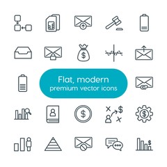 Modern Simple Set of business, charts, mobile, email Vector outline Icons. Contains such Icons as  financial,  card, sack, court,  inbox,  and more on white background. Fully Editable. Pixel Perfect