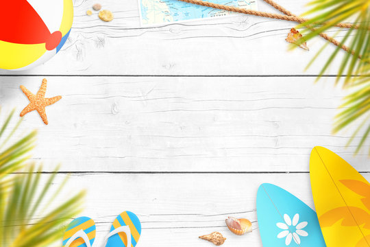 Summer vacation composition on white wooden surface. Copy space fot text. Flat lay.