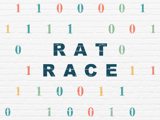 Finance concept: Painted blue text Rat Race on White Brick wall background with Binary Code