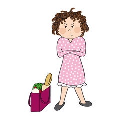 Angry woman standing with her arms crossed, full shopping bag next to her. She is tired of everyday housework. Original hand drawn illustration.
