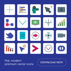 Modern Simple Set of arrows, charts, video, cursors Vector flat Icons. Contains such Icons as circle,  media,  disc,  television,  vertical,  and more on blue background. Fully Editable. Pixel Perfect