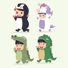 Set of cartoon little kid characters in Animals costumes