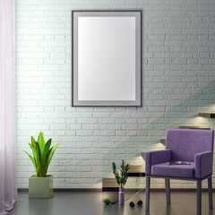 Mock up poster frame in hipster interior background and brick wall, 3D illustration