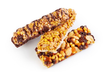Healthy granola munchies on white background