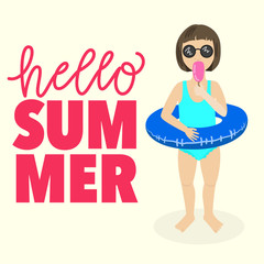 Lettering and girl wearing swimsuit and inflatable ring eating ice cream. Hello Summer illustration!