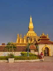 Pha That Luang is a gold-covered large Buddhist stupa in the centre of the city of Vientiane, Laos. Travel in 2013, 8th December.