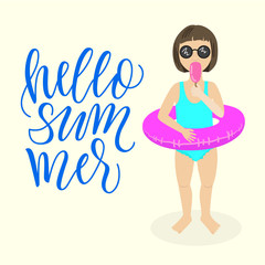 Girl eating ice cream wearing swimsuit and inflatable ring. Hello Summer illustration!
