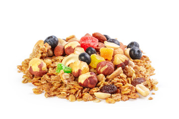 Granola with dried fruits isolated on white