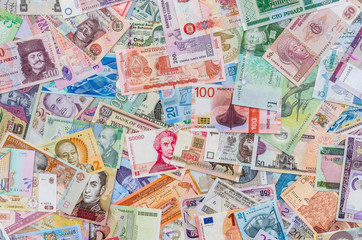 Mixed banknotes collection used for background, close up