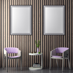 Mock up poster frame in hipster interior background in pink colors and wood wall planks, 3D illustration