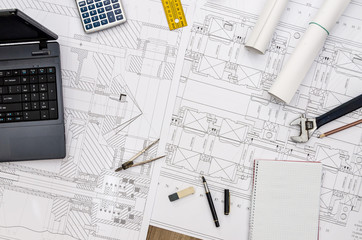 Engineer tools on sketch background top view