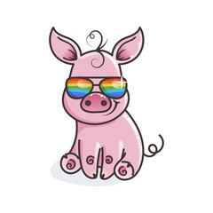Cute cartoon baby pig in a cool rainbow glasses