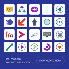 Modern Simple Set of arrows, charts, video, cursors Vector flat Icons. Contains such Icons as  diagonal,  square,  scroll,  previous, hd,  tv and more on blue background. Fully Editable. Pixel Perfect