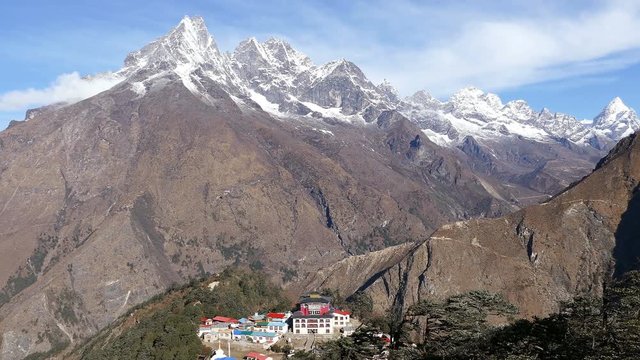 Panorama of Solu Khumbu valley with Tengboche Buddhist temple at sunrise. Nepal, Himalaya mountains.